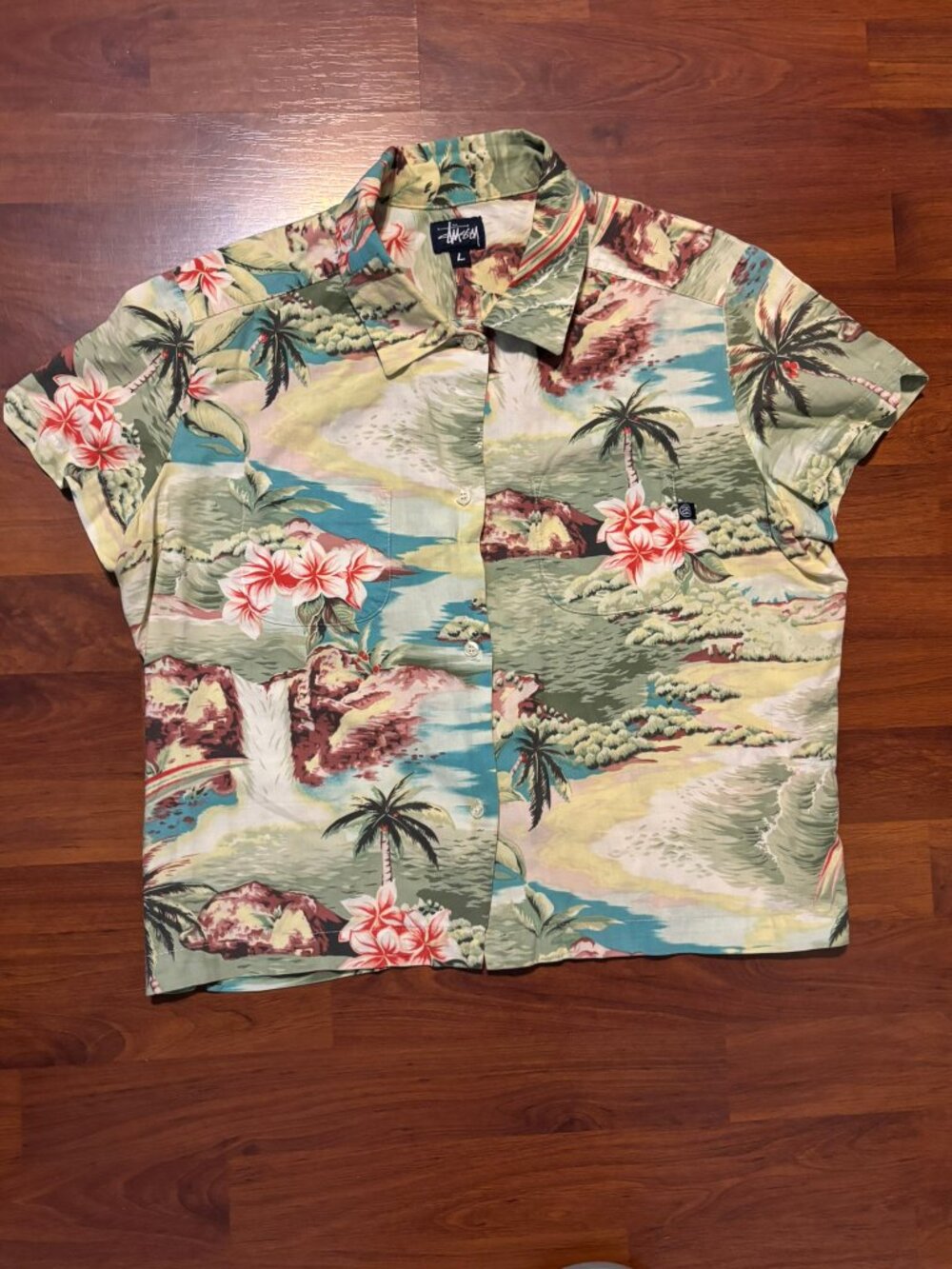 Vintage Stussy Women's Rayon/Cotton Hawaiian Aloha Shirt sz L made in USA